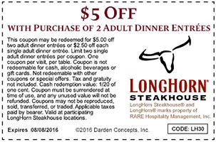 Longhorn: $5 Off 2 Adult Entrees - Free 4 Seniors
