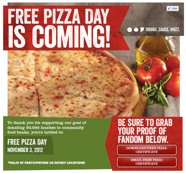 Sbarro: Free Pizza Day Nov. 3rd