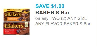 $1.00 off TWO (2) ANY SIZE ANY FLAVOR BAKER’S Bar