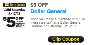 Dollar General: $5 Off $30 or More – Saturday 17th Only