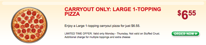 Pizza Hut Carryout Offer: Large 1-Topping $6.55