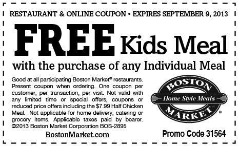 Boston Market: Free Kids Meal W/ Adult Meal Purchase