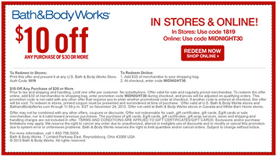 Bath & Body Works: $10 Off $30 Coupon