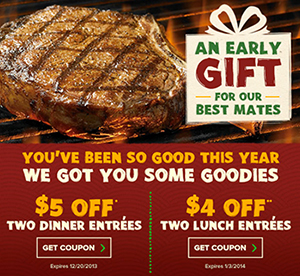 Outback Steakhouse: $5 Off (2) Dinner Entrees