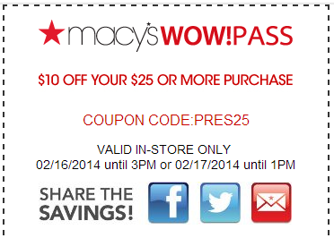 Macy’s Wow! Pass: $10 Off $25 Purchase – 2/16 and 2/17 only