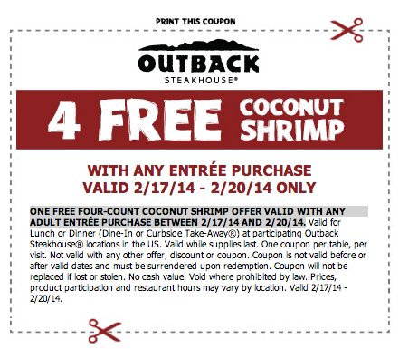 OUTBACK STEAKHOUSE: FREE COCONUT SHRIMP W/ ENTREE PURCHASE