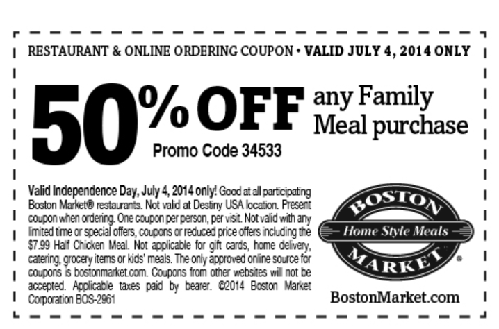 Boston Market: 50% Off Any Family Meal – 4th Of July Only