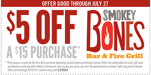 Smokey Bones: $5 Off $15 Purchase