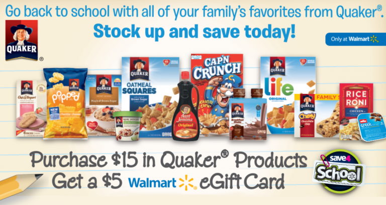 Free $5 Walmart eGift Card W/ $15 Quaker Purchase