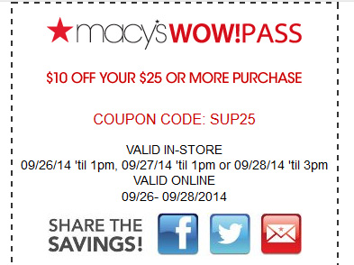 Macy’s Wow Pass: $10 Off $25 Or More 9/27 & 9/28