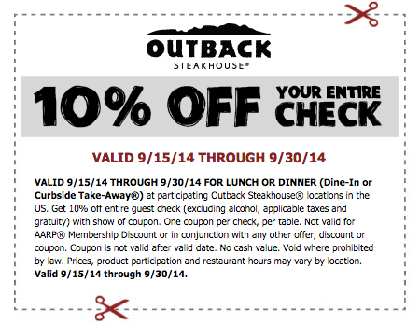 Outback Steakhouse: 10% Off Your Entire Check