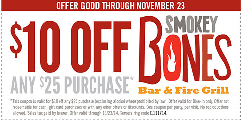 Smokey Bones: $10 Off Any $25 Purchase