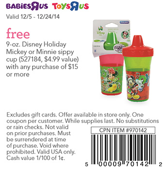 Babies/Toys R Us: Free Disney Holiday Sippy Cup W/ $15 Purchase