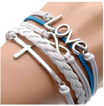 Silver Infinite Bracelet Love White Blue Leather Rope Cross Infinity Only $0.96 + Free Shipping
