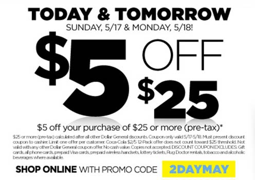 Dollar General: $5 Off $25 – Ends 5/18