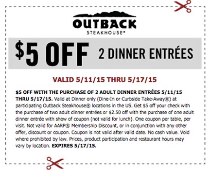 Outback: $5 Off 2 Dinner Entrees