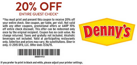 Denny’s: 20% Off Entire Check