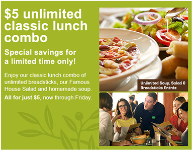 Olive Garden: $5 Unlimited Classic Lunch Combos
