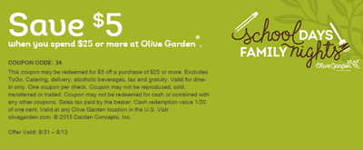 Olive Garden: $5 Off $25 Or More Until 9/13