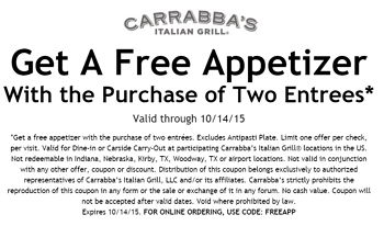 Carabba’s: Free Appetizer W/ Purchase