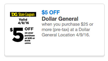 Dollar General $5 Off $25 – 04/09/16 Only