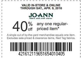 Jo-Ann Fabric: 40% Off One Regular Price Item