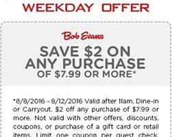 Bob Evans: $2 Off $7.99 Until 8/12