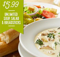 Olive Garden: $5.99 Unlimited Soup, Salad, Breadsticks Lunch – Ends 10/21