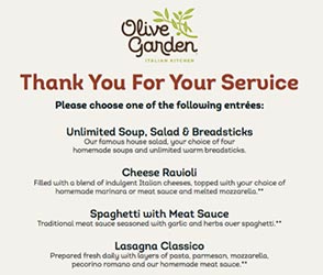 Olive Garden: Free Entree for Military – Nov 11