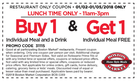 Boston Market: Lunch BOGO Free Meal Coupon – Ends 01/05