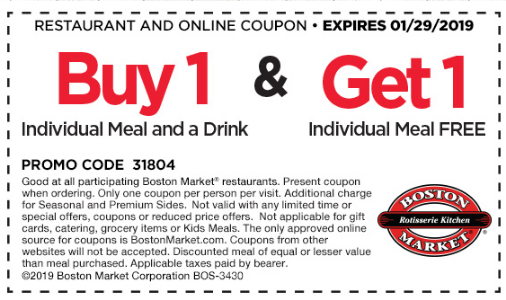 Boston Market: BOGO Individual Meal – Mon & Tues