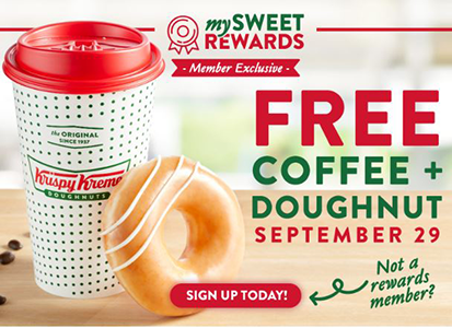 Krispy Kreme: Free Cofee + Doughnut – Sept 29